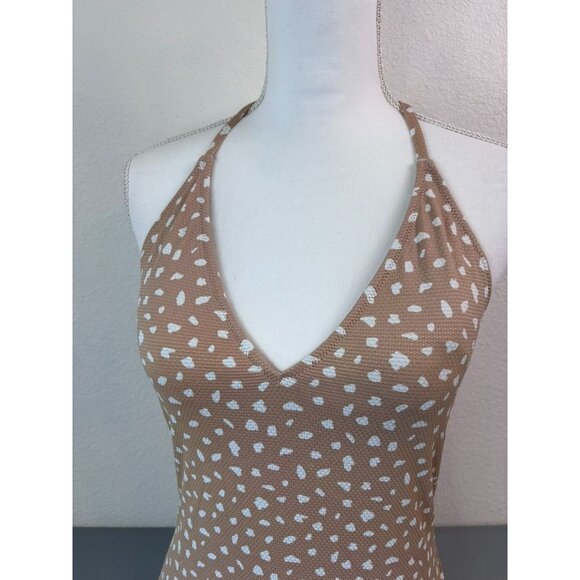 Aerie women's medium‎ tan white dot one piece full coverage swimsuit halter tie - Picture 2 of 8
